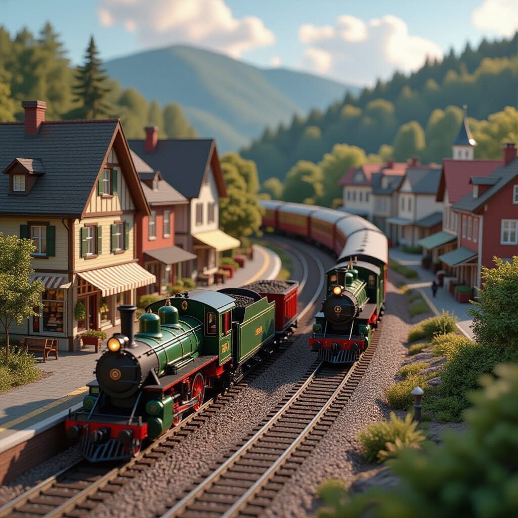 Hyperrealistic 3D Model Train Layout with Village