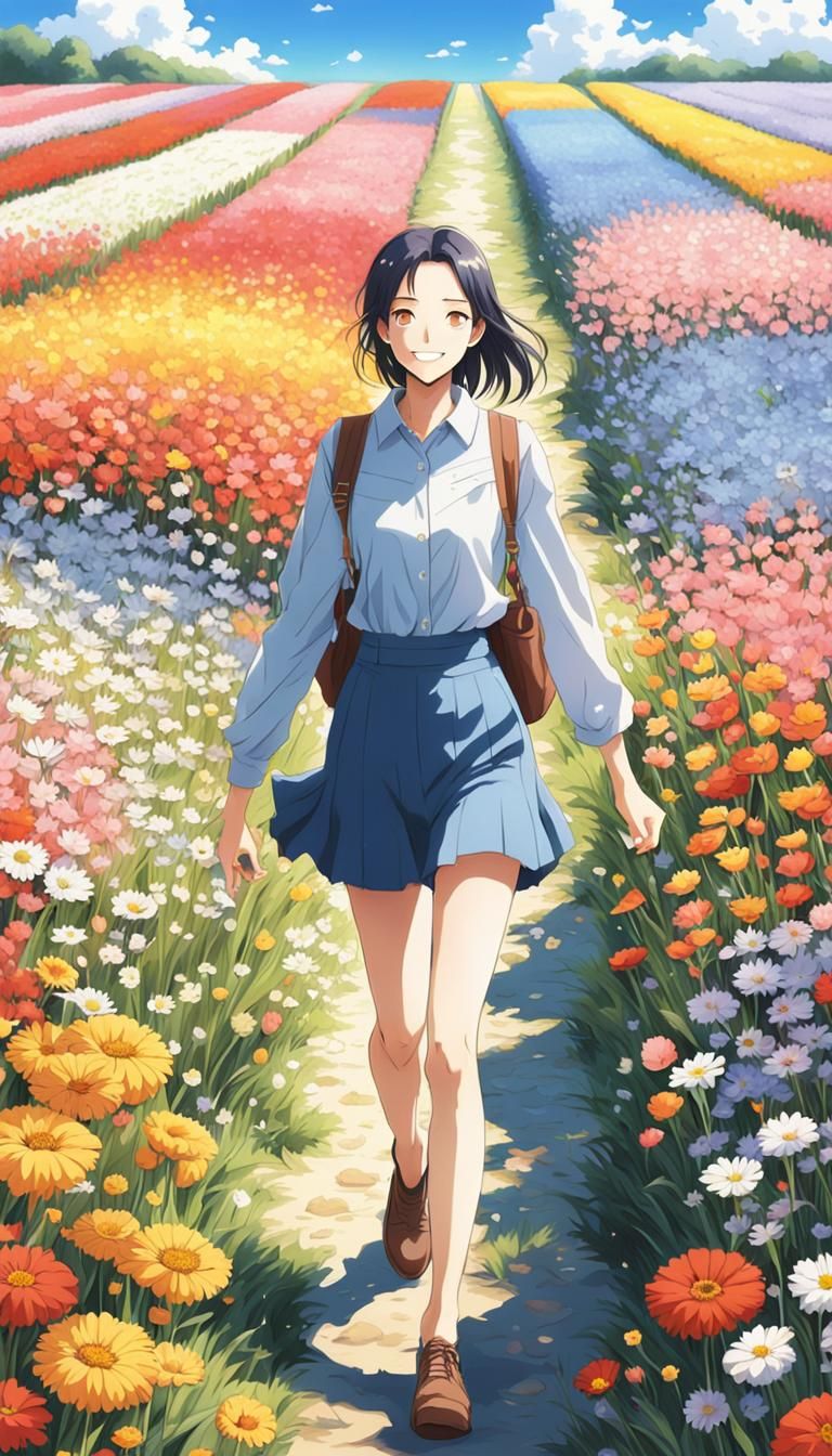Anime Style: Woman in Field of Flowers