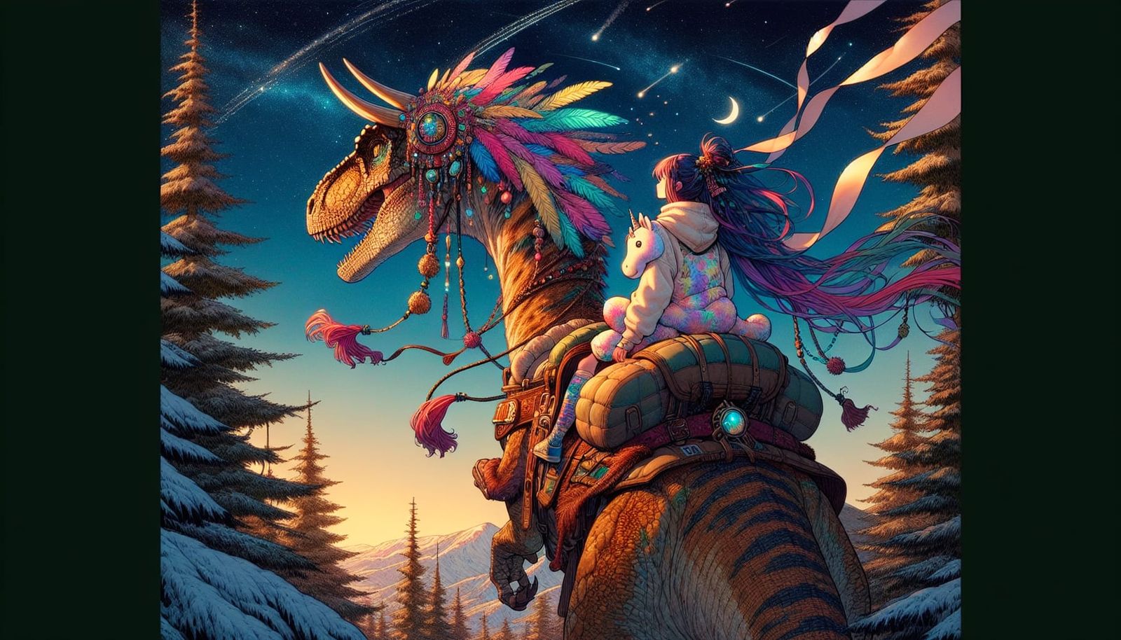 Girl Rides Armored Velociraptor in Anime Landscape