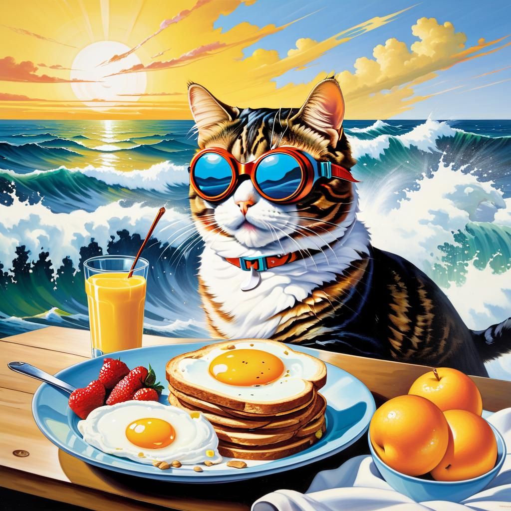 a nutritious breakfast with the wind and waves of a cat wear...