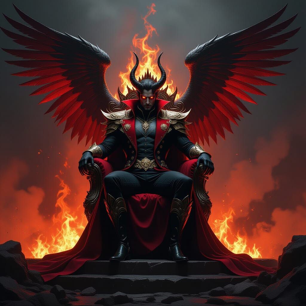 Lucifer on Burning Throne in Dark Fantasy Art Style