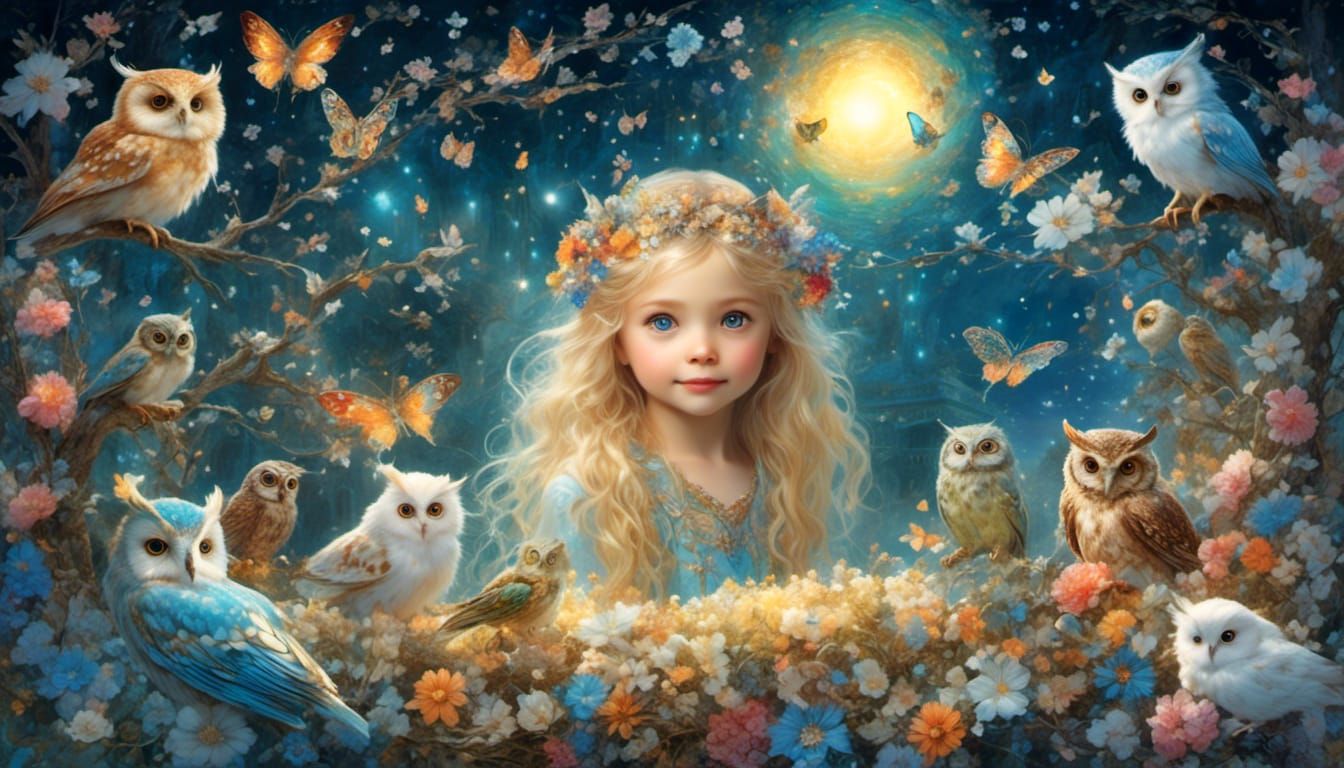Ethereal Fantasy Fairy with Owl and Flying Carpet