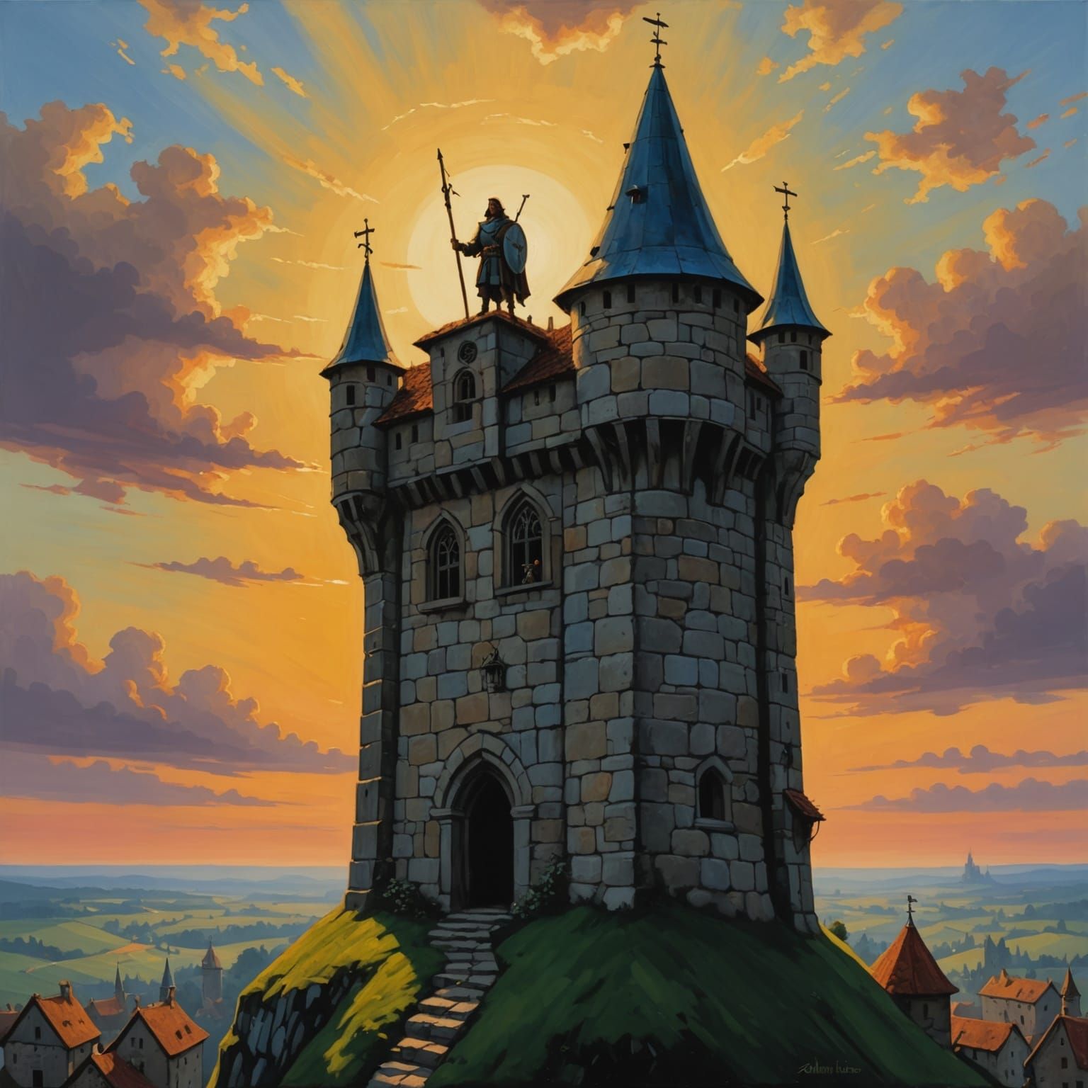 Medieval Watchman Illuminated by Sunrise