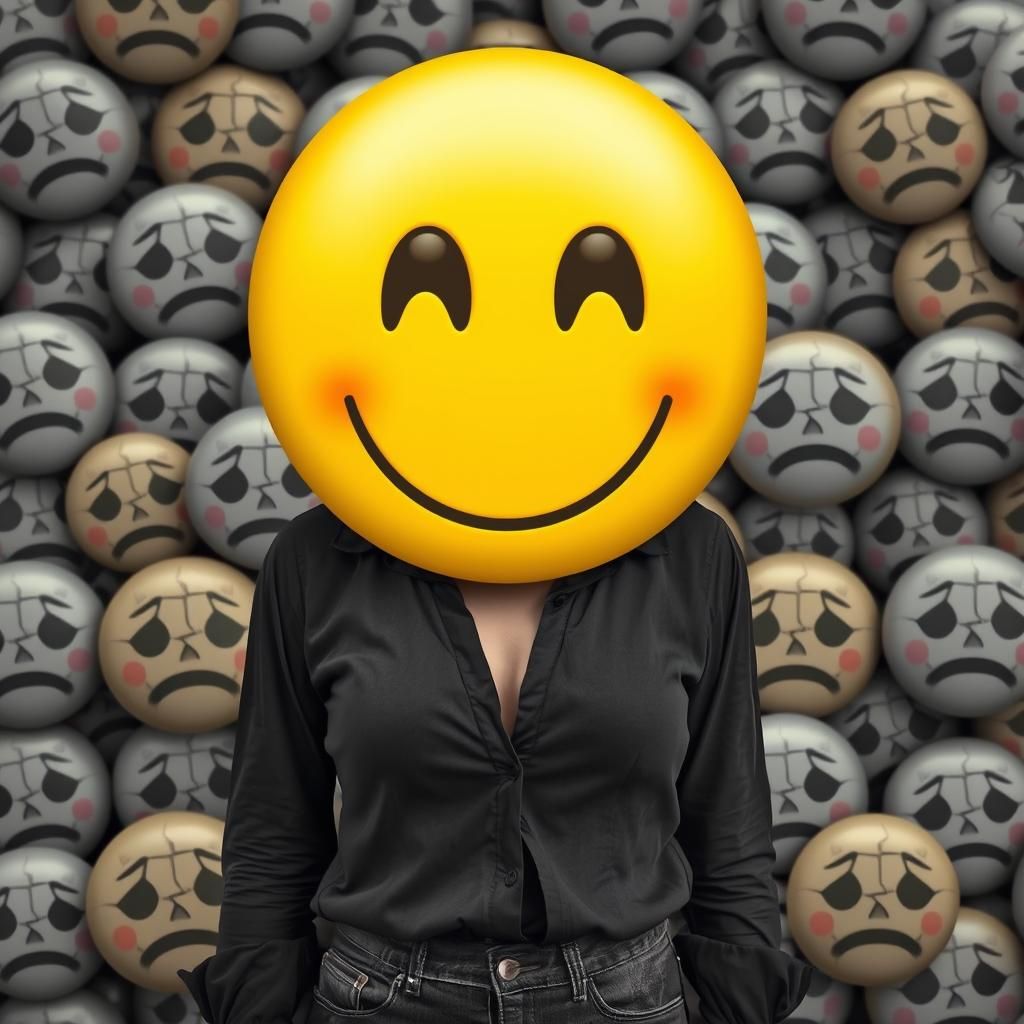 Woman Hiding Behind Happy Face Emoji Mask