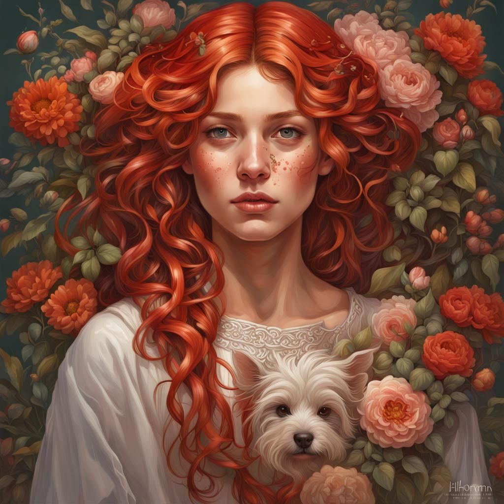 Red-Haired Girl Portrait with Dog, Hyperrealistic Art