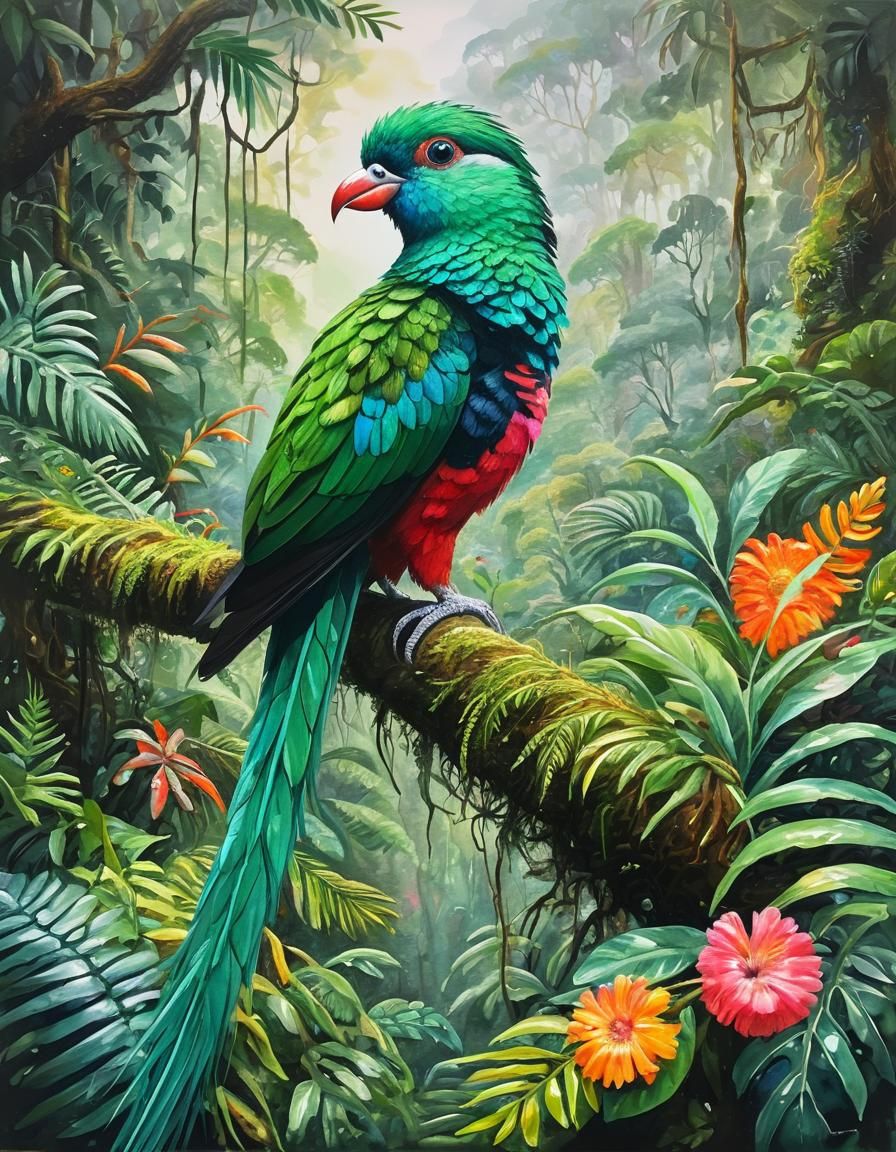 Colorful Quetzal Portrait in Impressionist Gouache Style