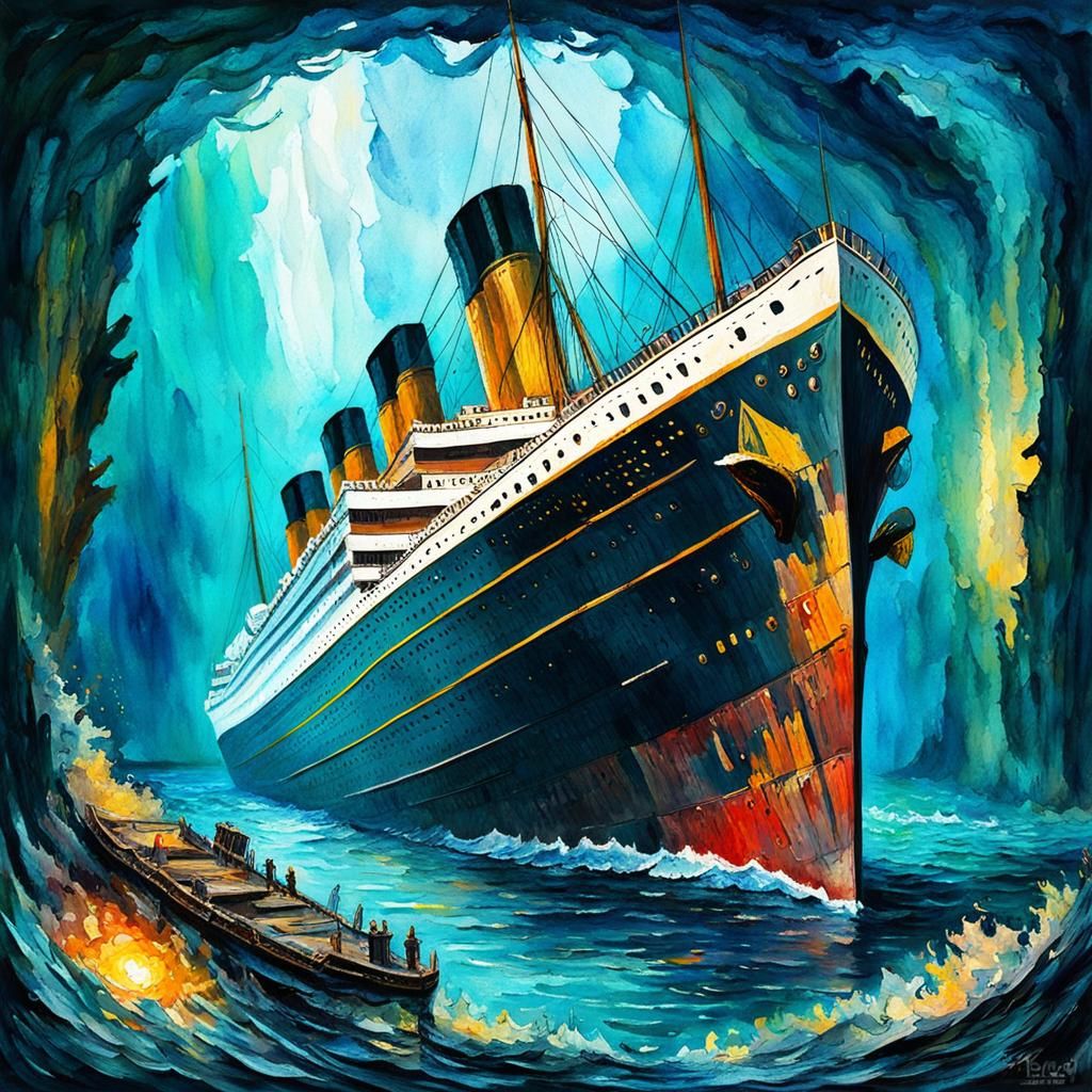 Sunken Titanic in Gouache Watercolor Style