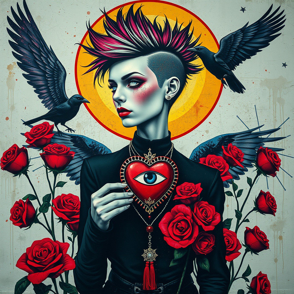 Punk Goth Figure in Dada-Inspired Graffiti Mural