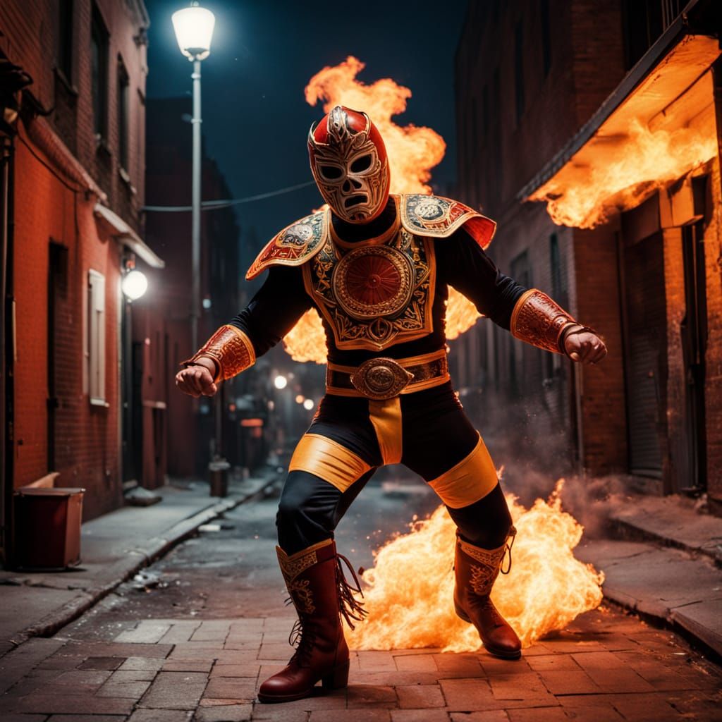 Epic Luchador in Fiery Attire Kicks in Cinematic Alleyway