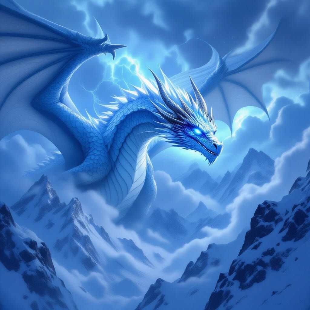 Mythic Ice Dragon Soars Over Frozen Peaks in Blizzard