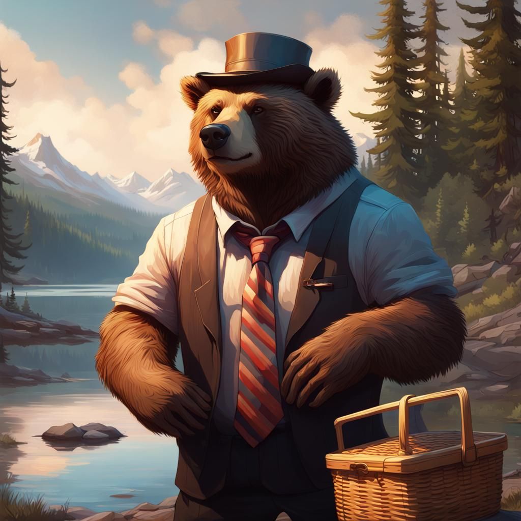 Grizzly Bear Camping Portrait in Hyperdetailed Style