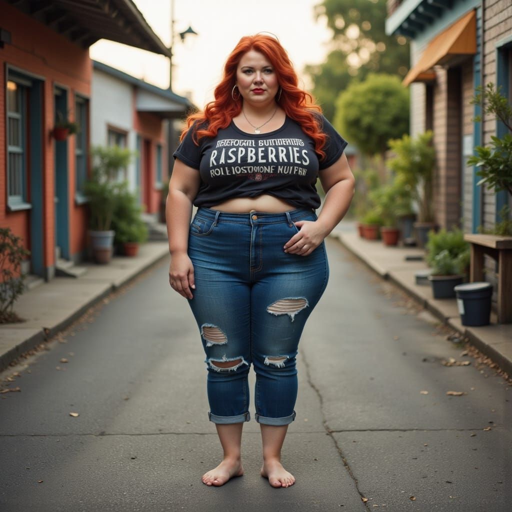 Confident Red-Haired Woman in Distressed Denim and Concert T...