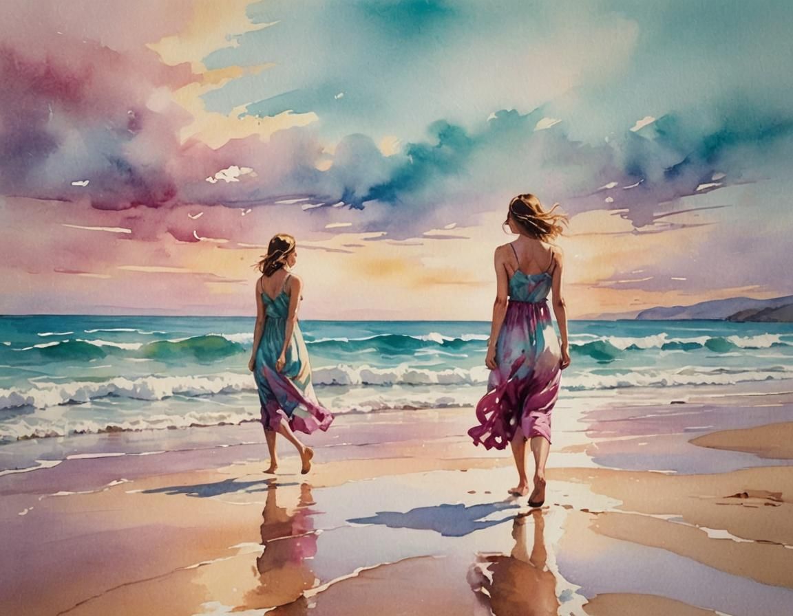 Serene Beach Walker in Soft Watercolor Style