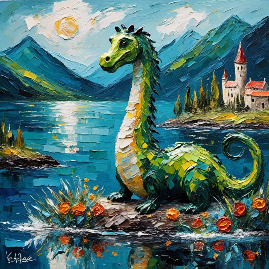 Nessie in Loch Ness as Impasto Oil Painting