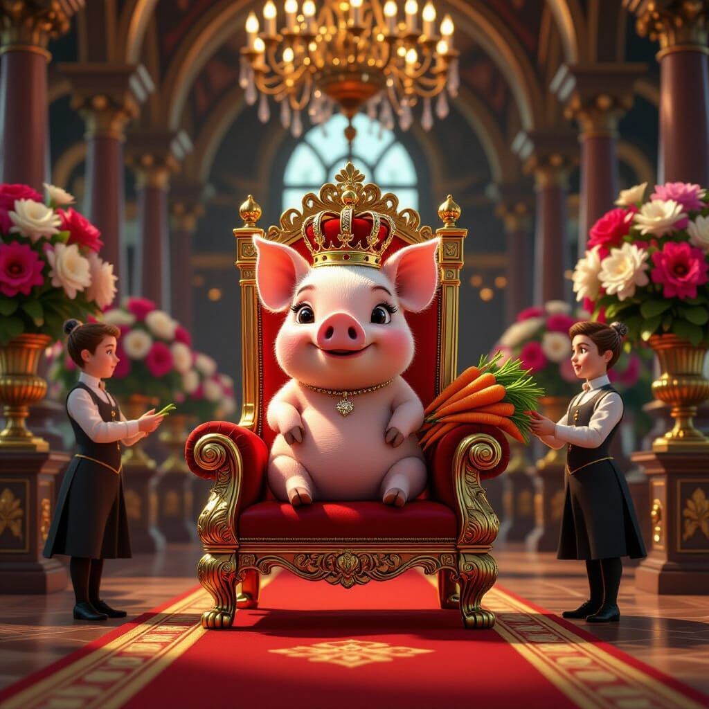 Cute Pig Queen on Ornate Gold Throne in Castle