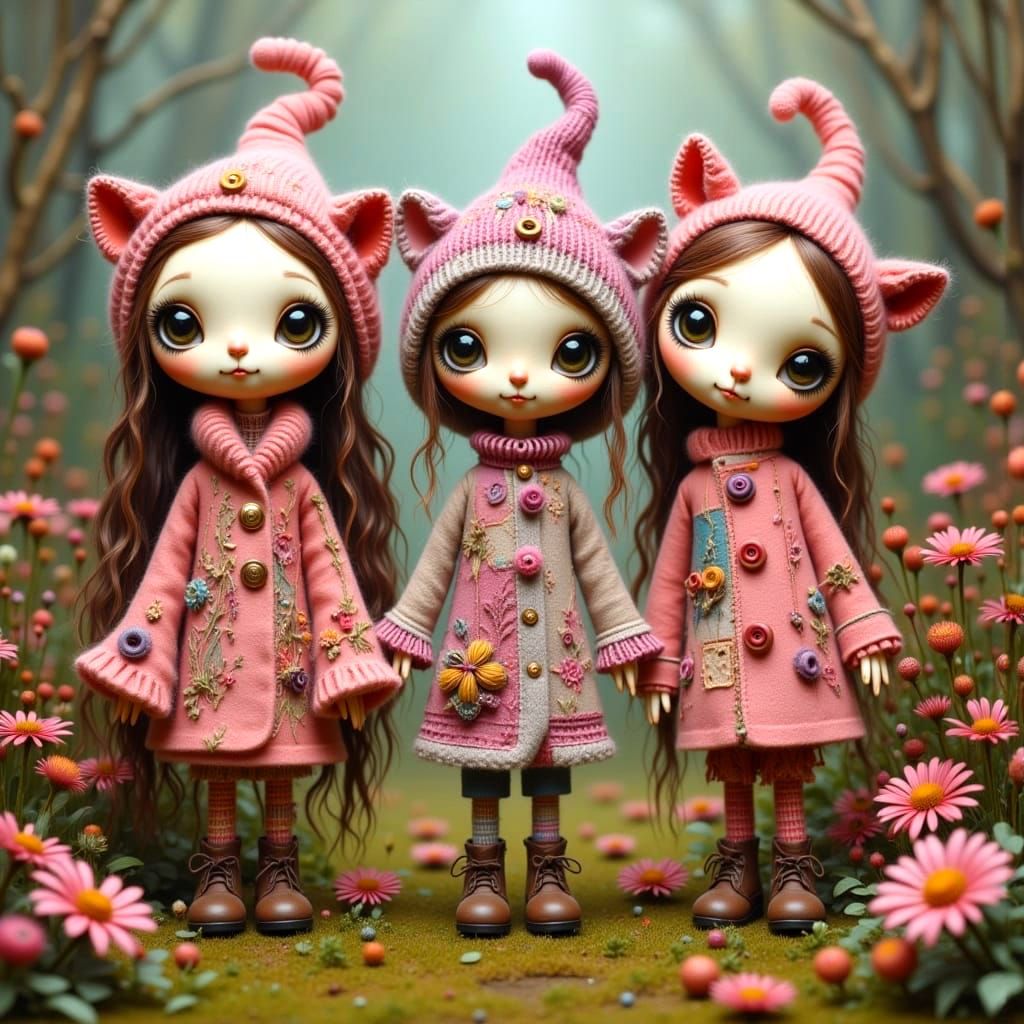 Whimsical Patchwork Cat Dolls in a Winter Garden