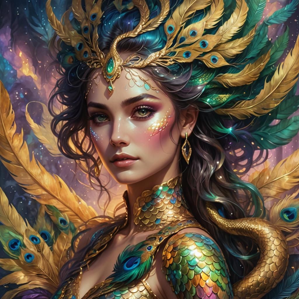 Ethereal Woman with Metallic Scales and Peacock Feathers