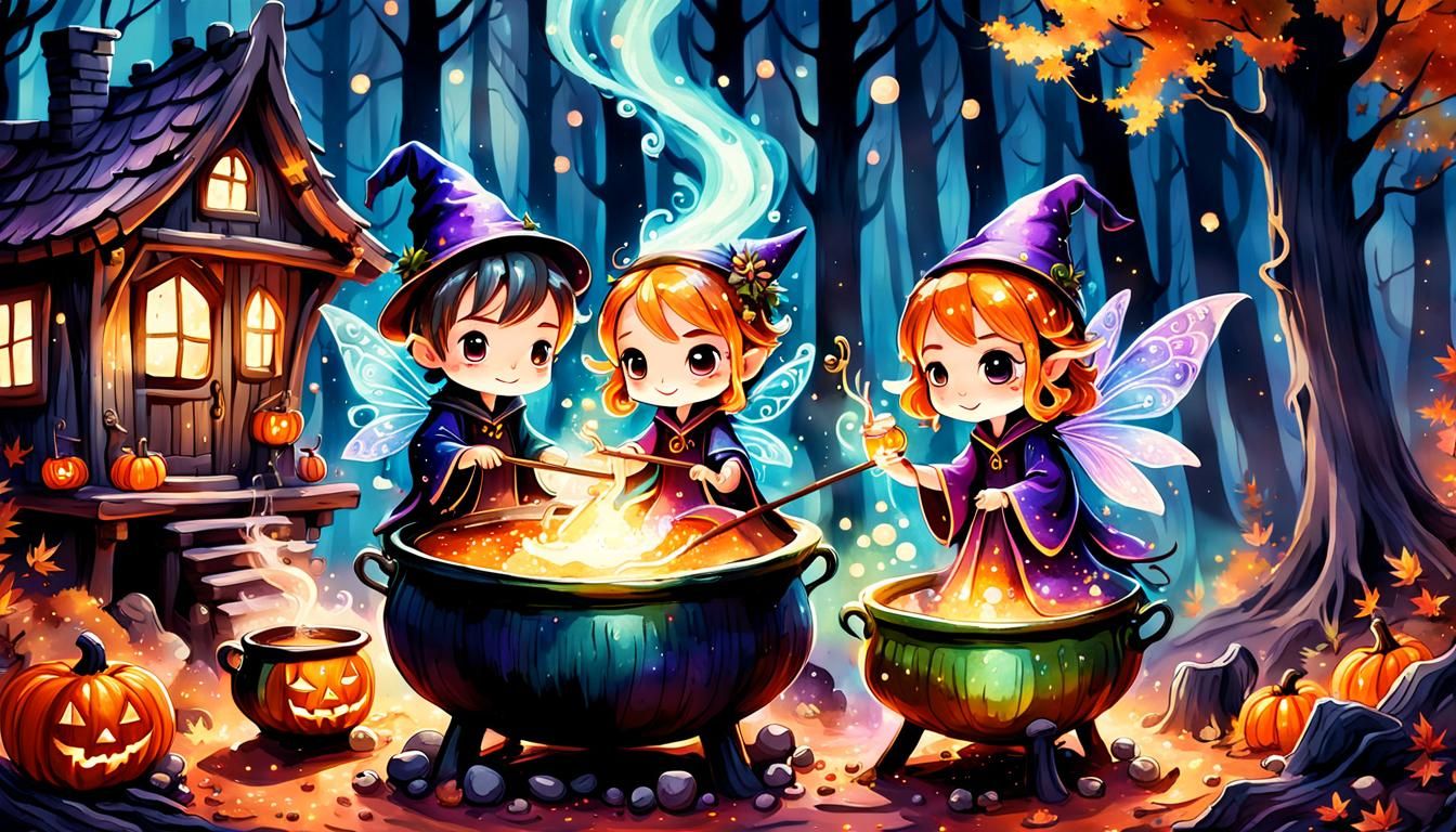 Chibi Wizard Couple Brewing Potion in Watercolor Style