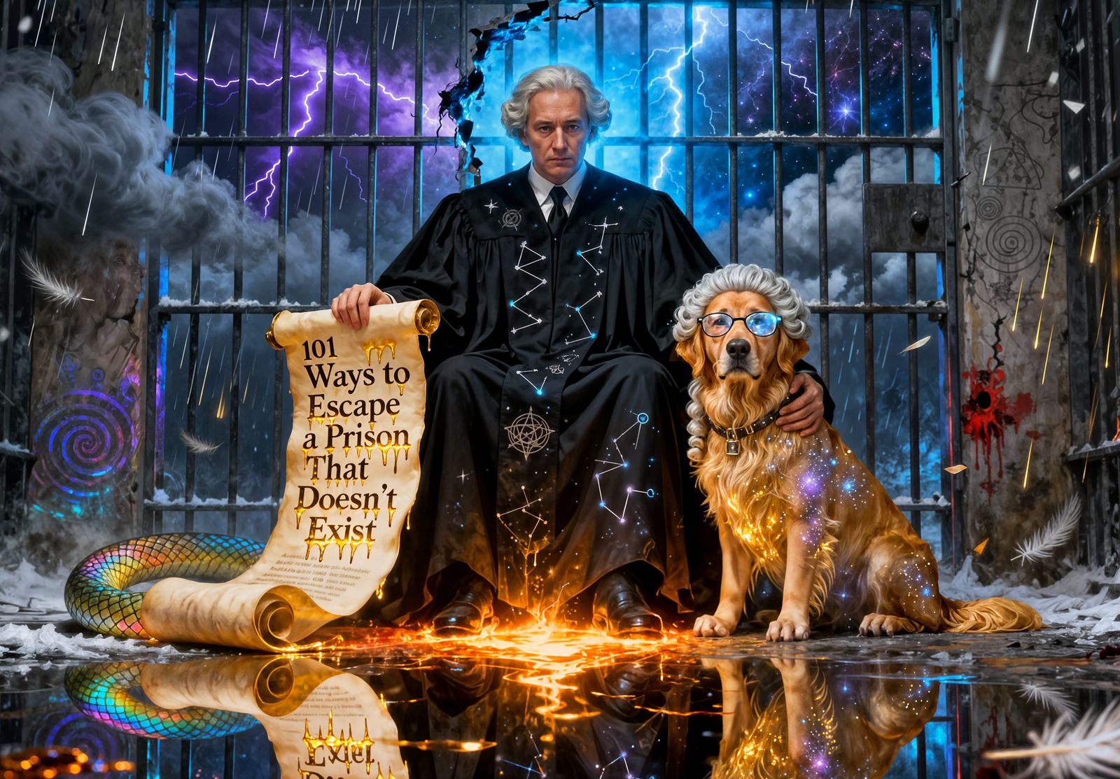 Scene inside a living prison cell — a Supreme Court justice sits confined with his loyal dog, Honest Abe.