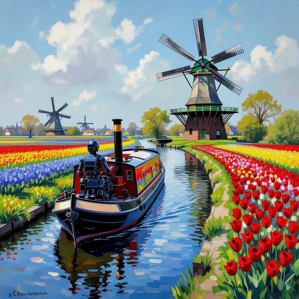 Gothic Robot on Dutch Canal: Monet and Van Gogh Style