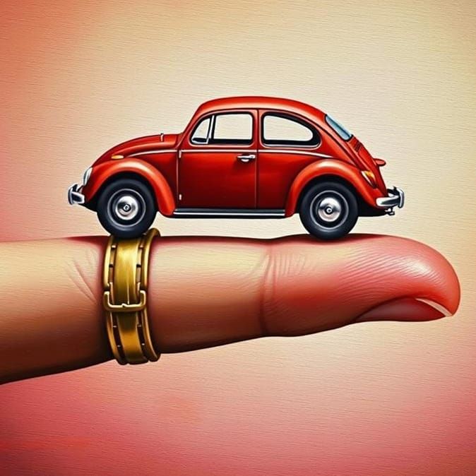 Red VW Beetle on Finger, Oil Painting