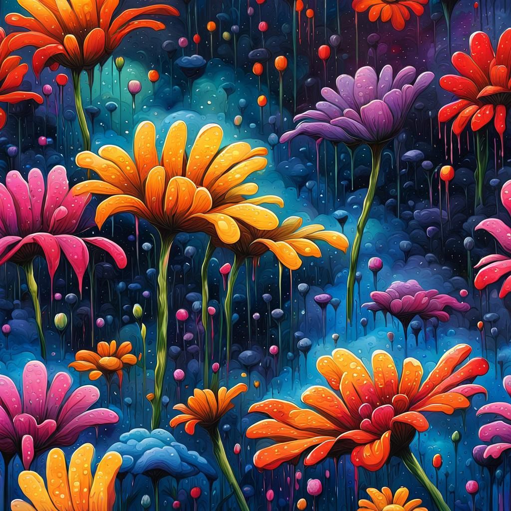 Colorful Flower Field at Night in Hyperrealism