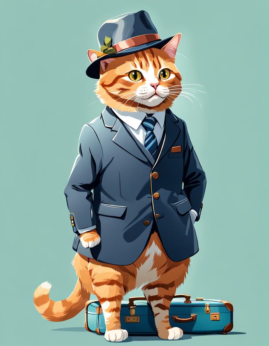 Hopeful Ginger Cat in Suit and Hat