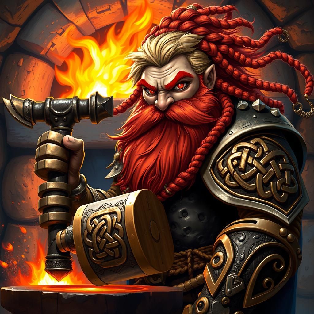 Dwarf Warrior with Magic Hammer in Bronze Armor