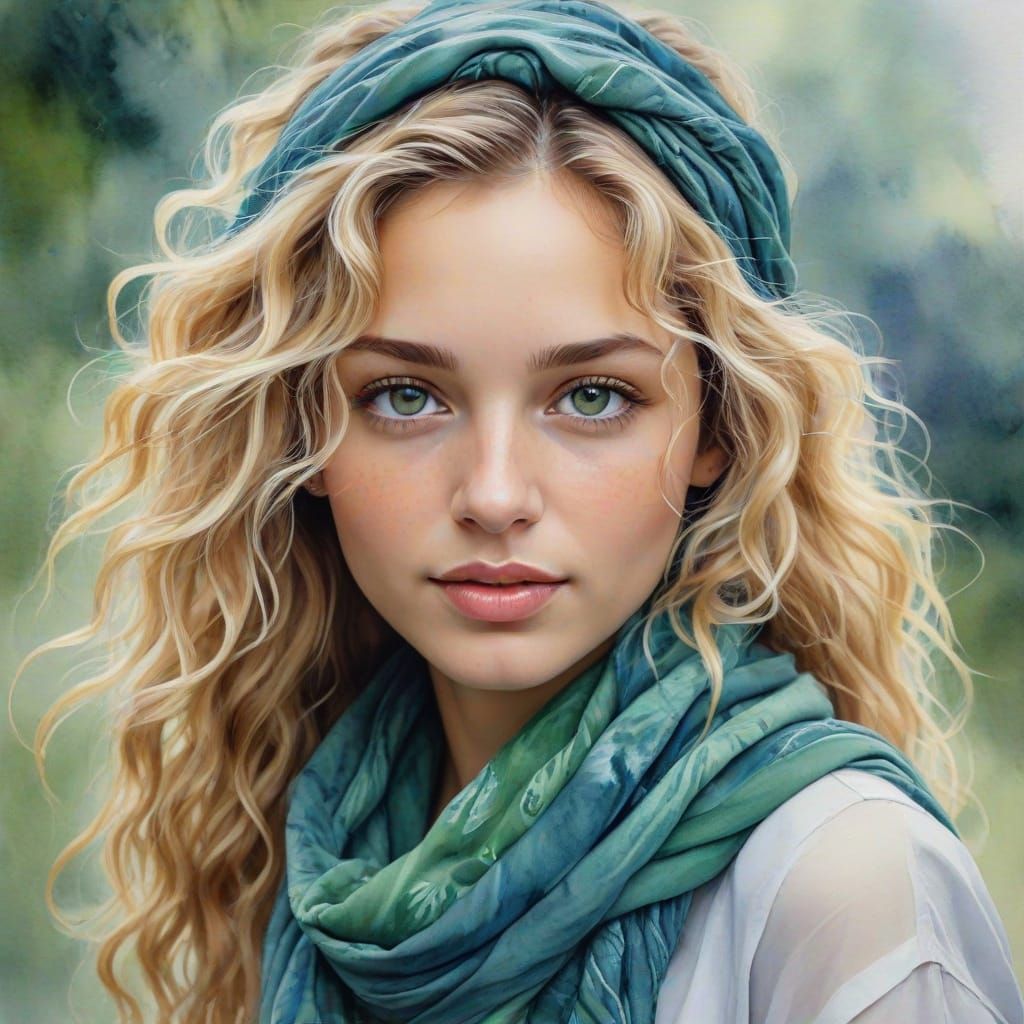 Captivating Woman with Tie-Dye Scarf, Watercolor Portrait