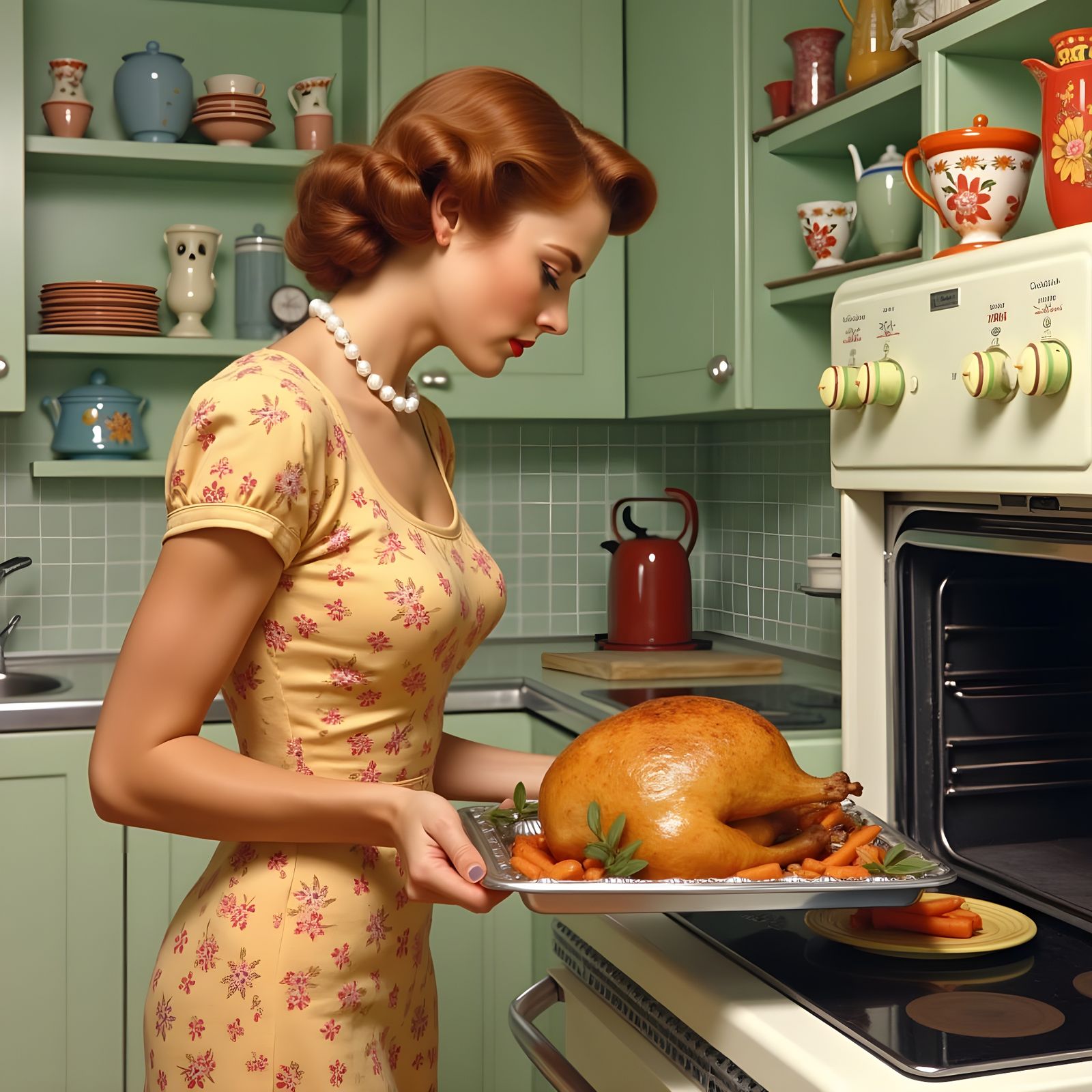 1950s Housewife Removes Roasted Giblets from Oven in Classic...