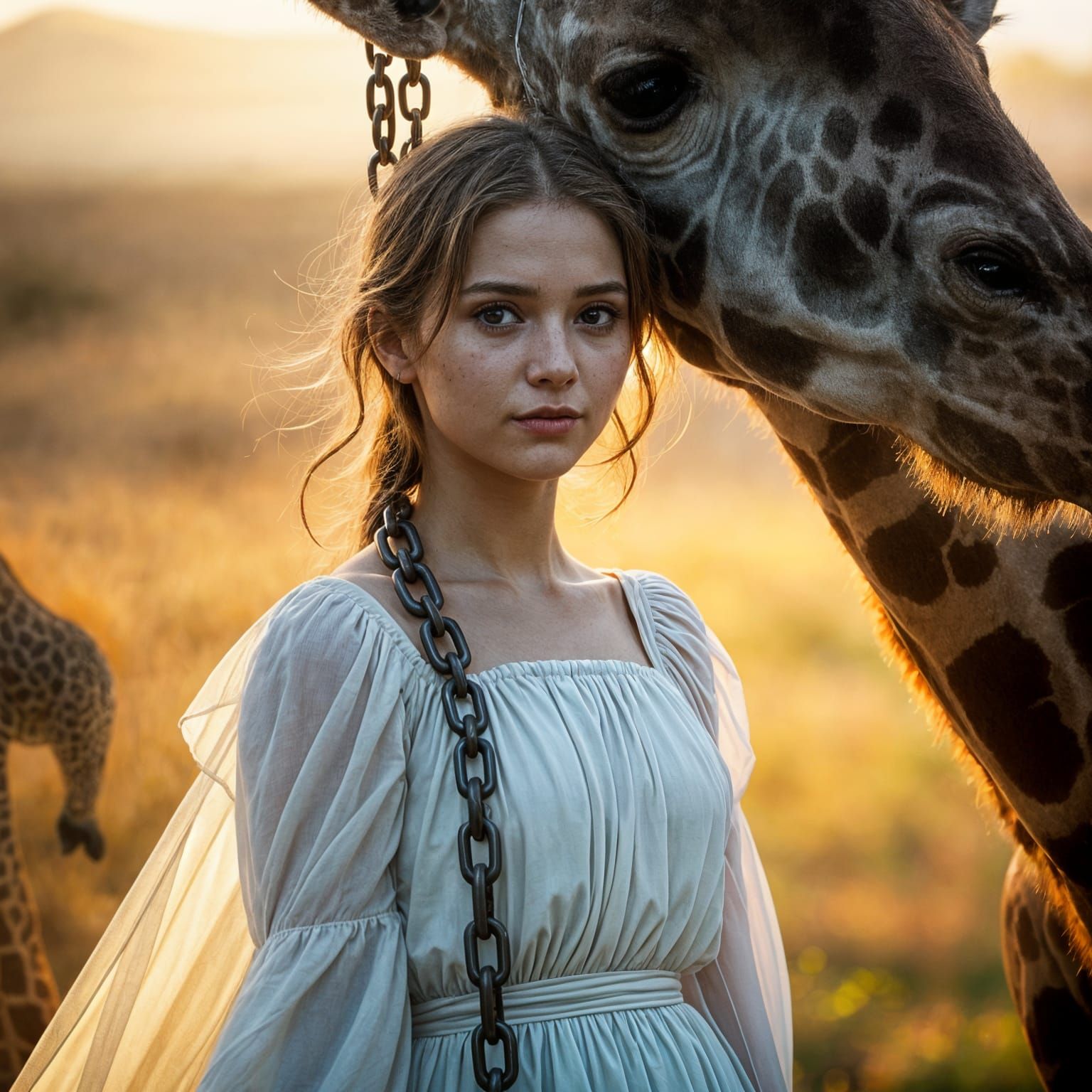 Girl Chained to Giraffe Neck: Cinematic Still