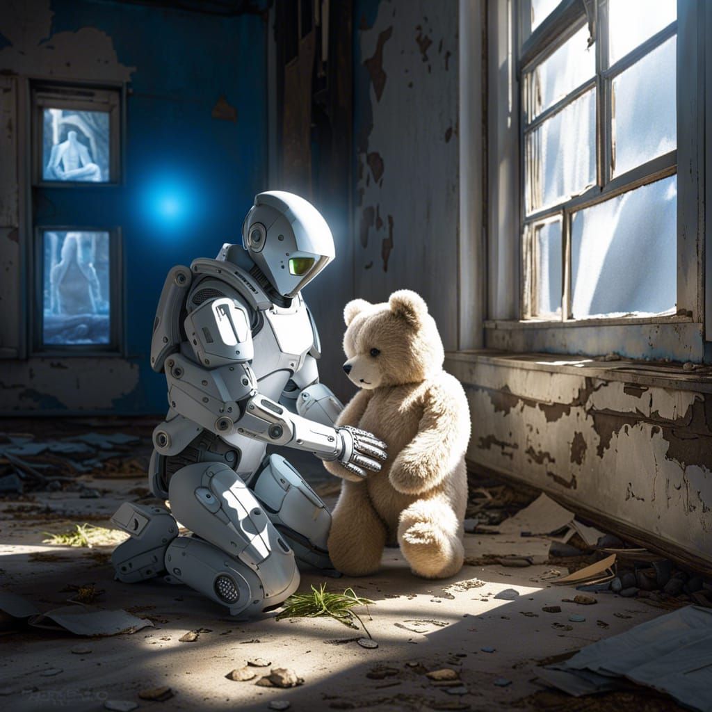Android with Teddy Bear in Apocalyptic Home