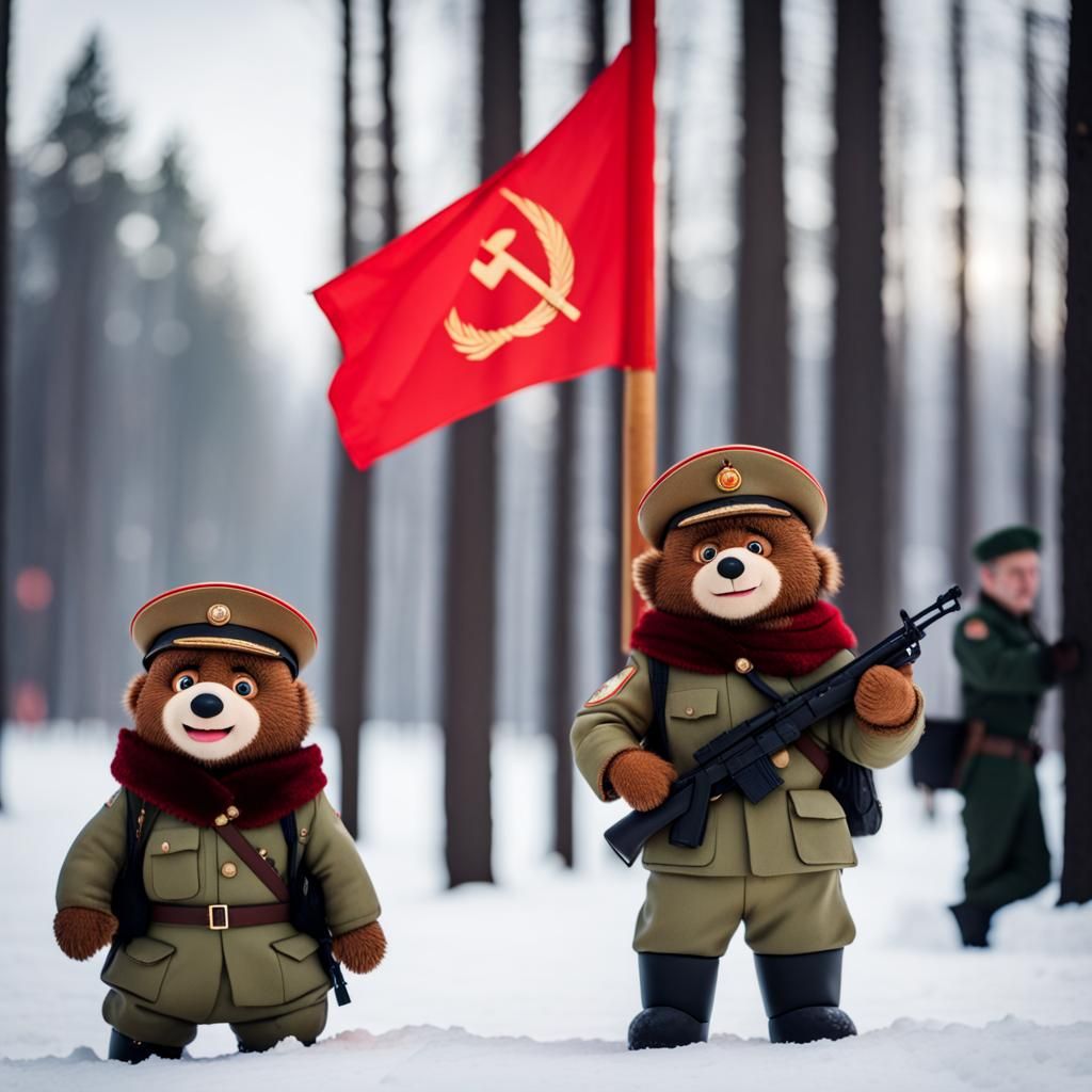 Masha and the bear soviet soldiers with ushanka and red flag