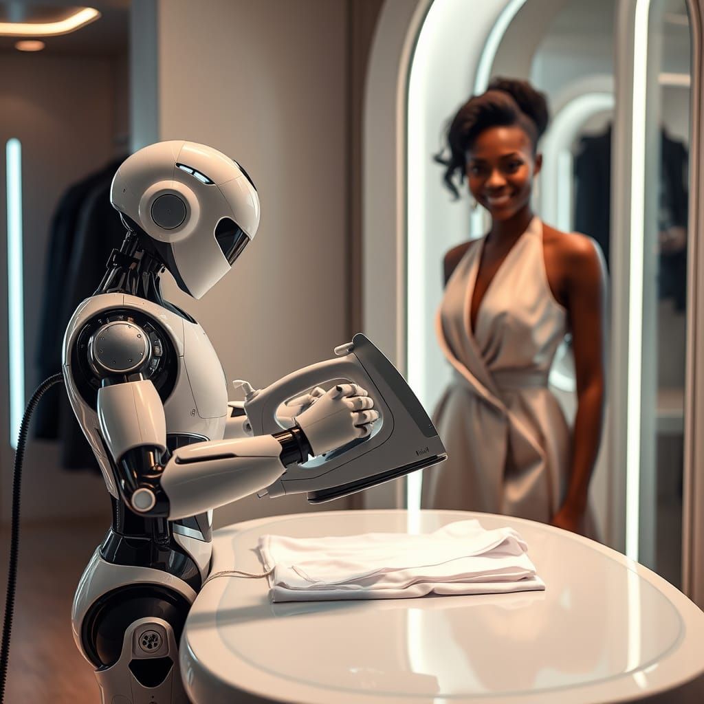 Futuristic Robot Ironing Shirt in Space-Age Room