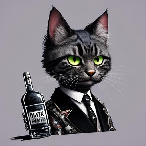 Punk Cat with Vodka Bottle