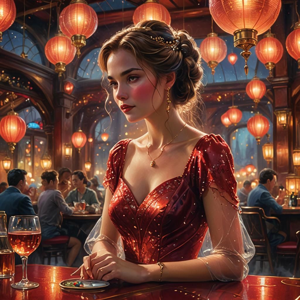 Ethereal Woman in Red Dress at Bar