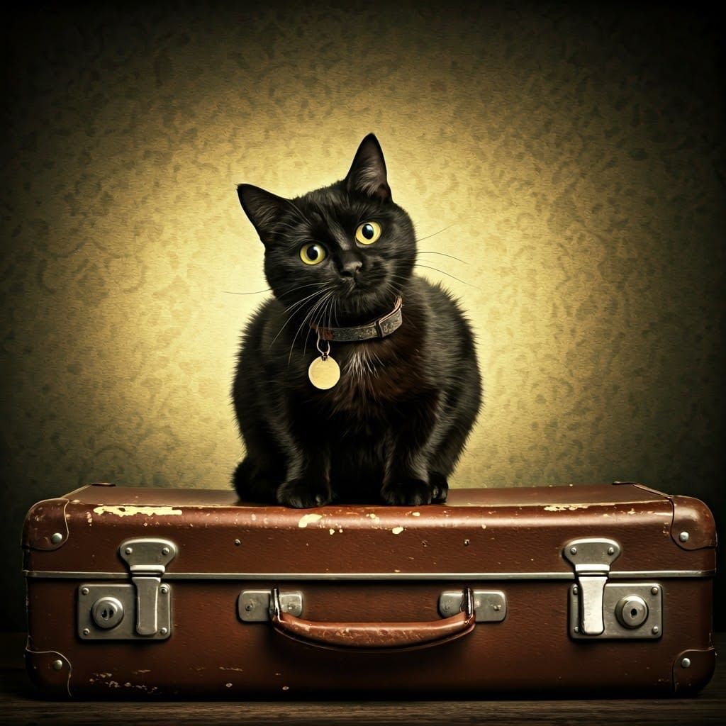 Black Cat in Humorous Pose on Vintage Suitcase