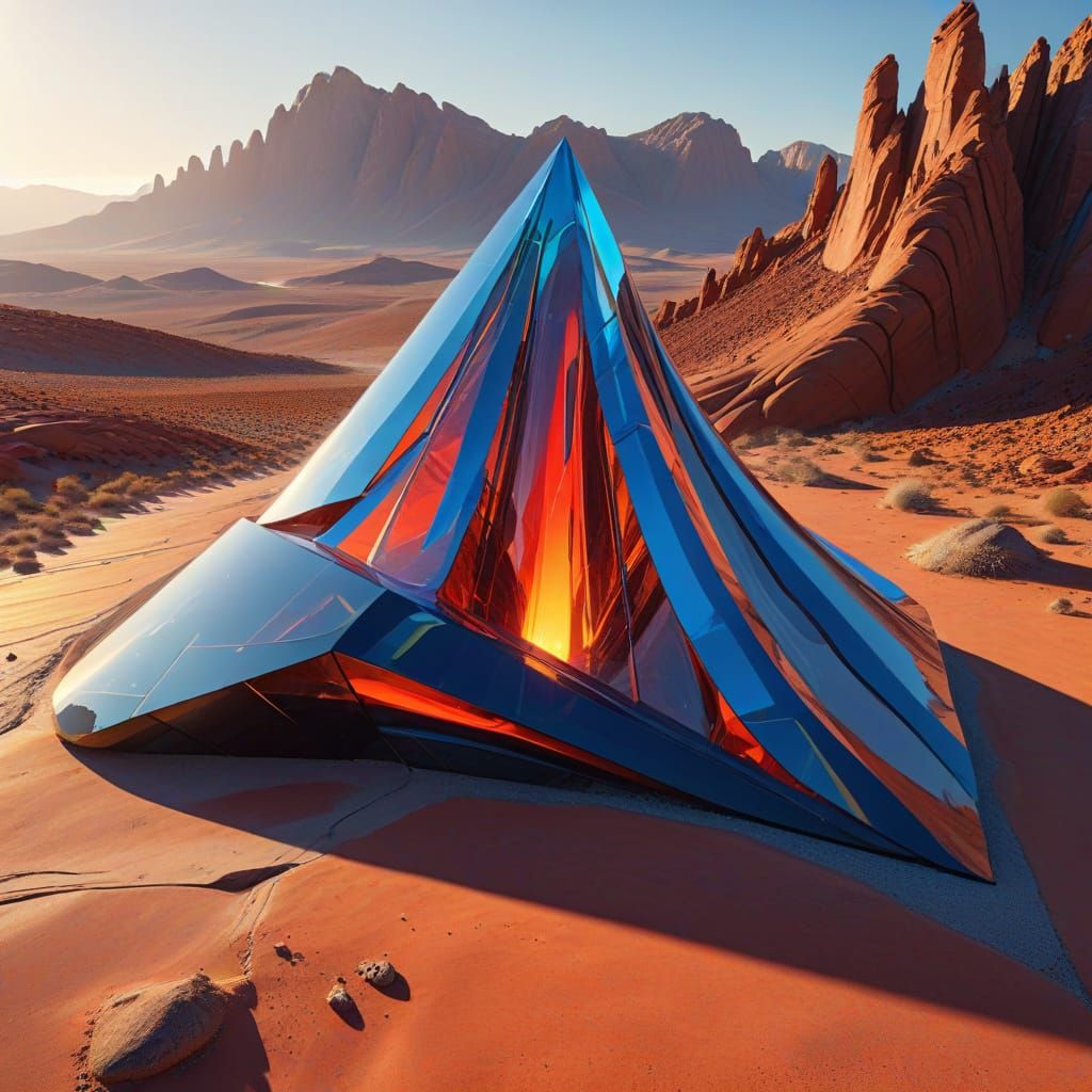 Ethereal Futuristic Spire in Vibrant Red Rocky Desert Valley