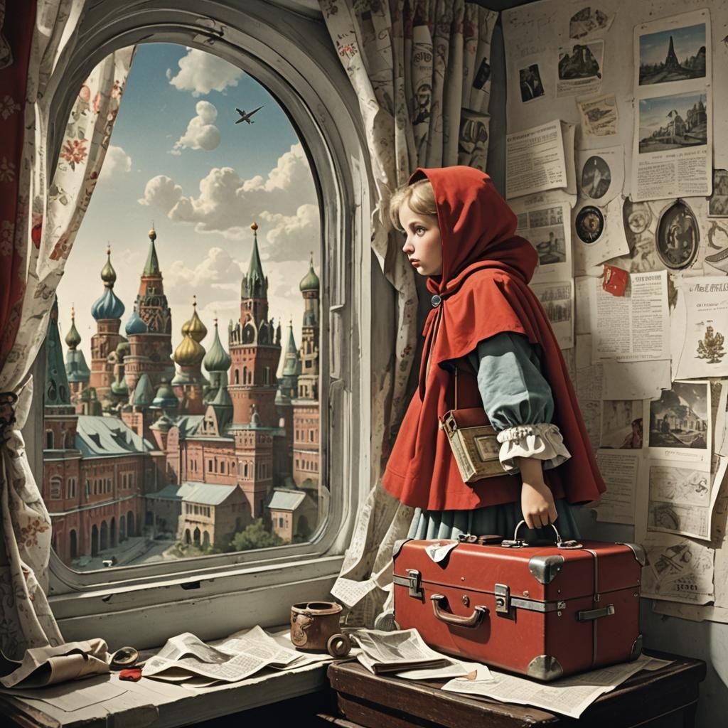 Collage technique
Little Red Riding Hood is packing her suitcase to go on her first trip to Moscow. She looks out the wi...