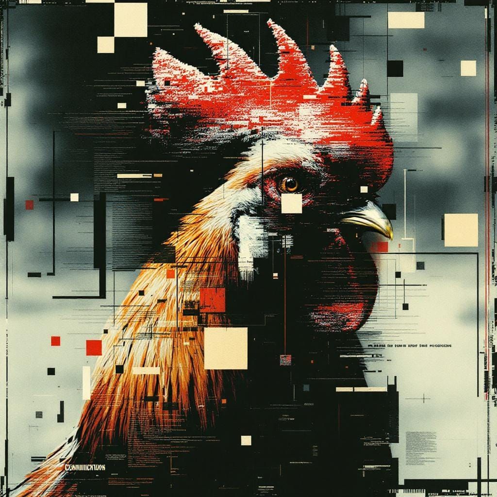 Glitch Art Rooster with Fragmented Typography