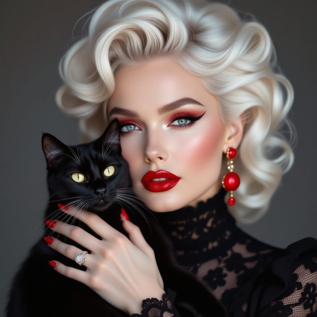 A photo of a woman with striking red eyes. She is holding a ...