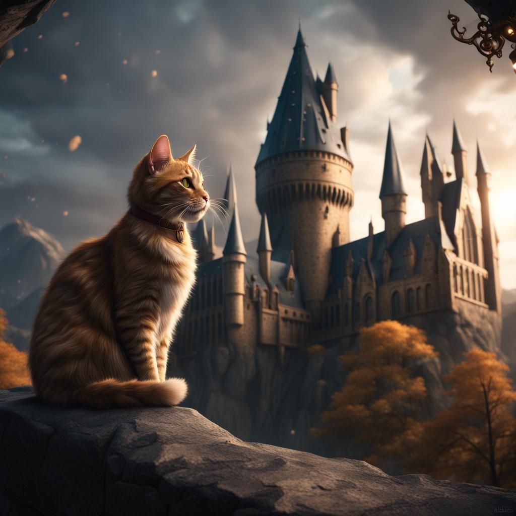 Cat at Hogwarts: Detailed Fantasy Art