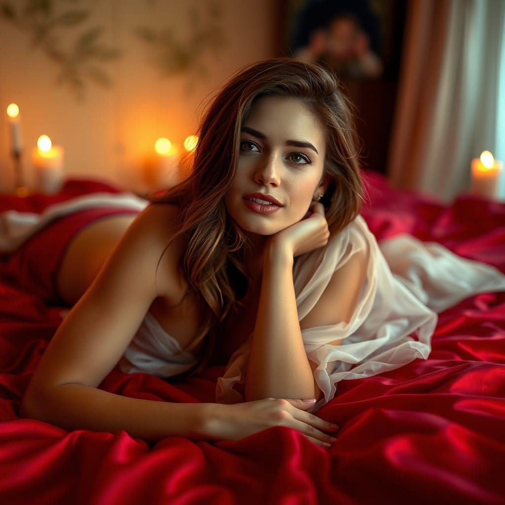 Romantic Portrait of Woman on Silk Sheets