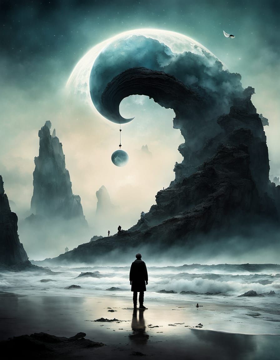 Ethereal Beach: Figure Gazing at Yin Yang Nebula