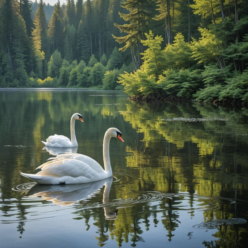 Elegant Swans Glide on Water with Mountain Backdrop