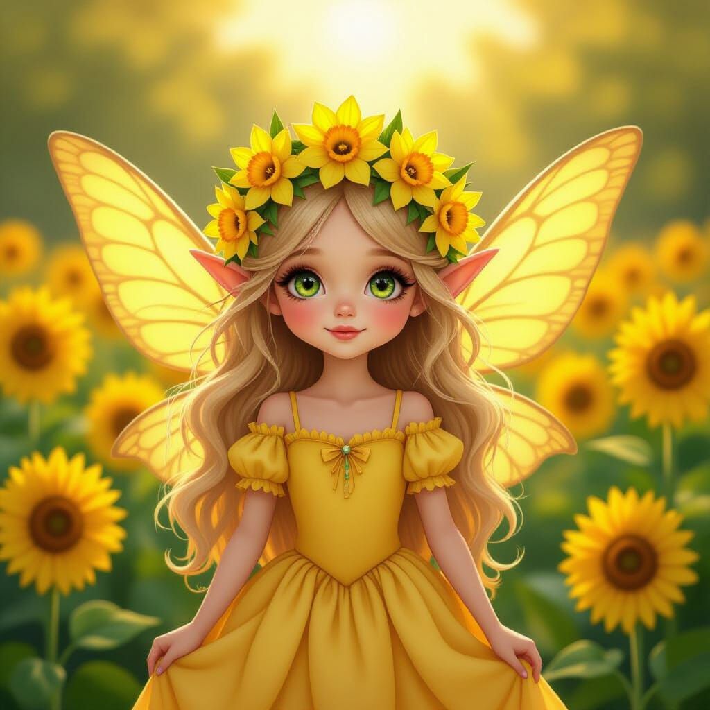 Sunlit Fairy in Sunflower Garden, Fantasy Art
