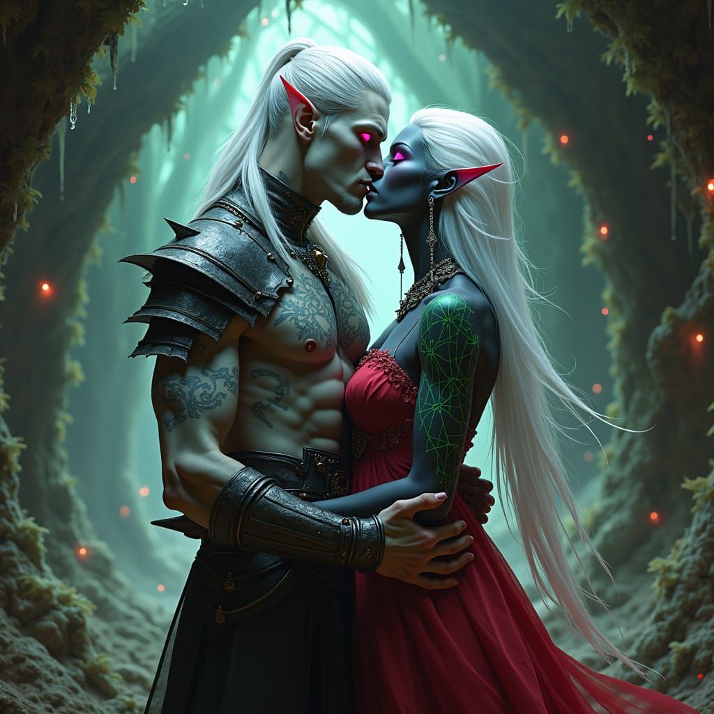 Dark Elf Couple Embrace in Subterranean Cavern