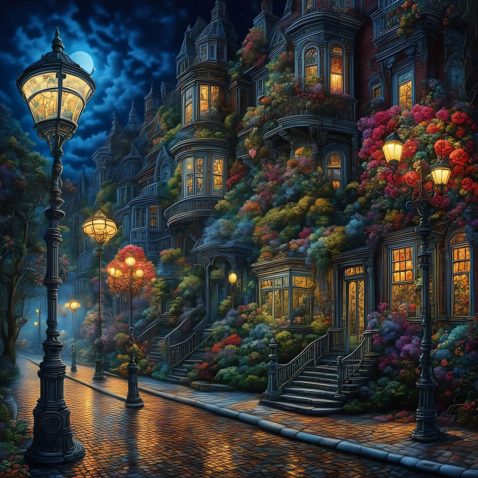 Gloomy Neon Lamppost Street at Night