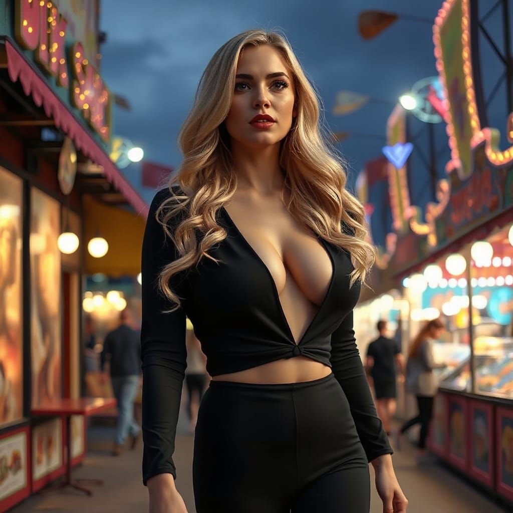 Woman at Evening Fair in Hyperrealistic Style