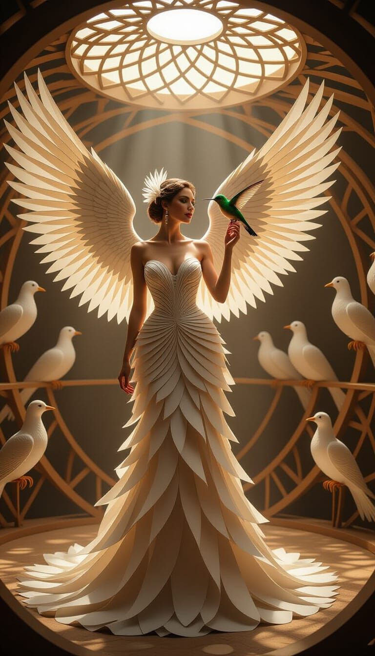 Paper Feathered Woman in Quill Bird Aviary